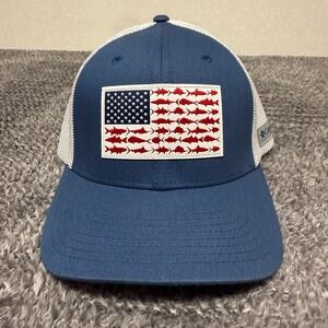Columbia Unisex PFG L XL Blue White Trucker Hat American Flag Fish Flexfit